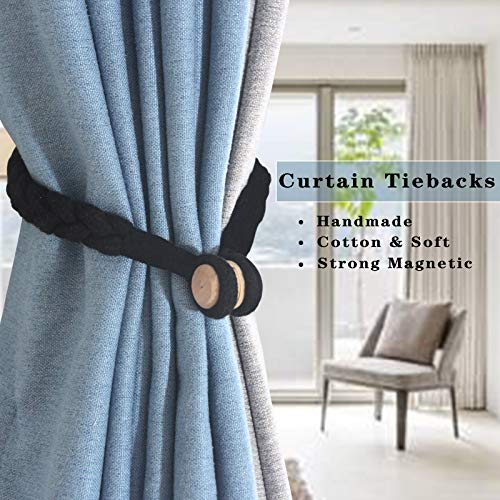 Magnetic Soft Curtain Tiebacks Rope Cotton Window Curtain Holdbacks Porlau - color: Black, size: 4 Pack