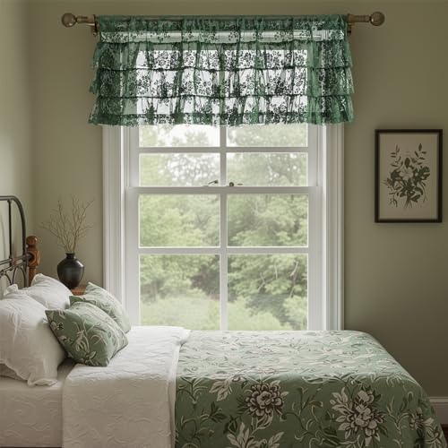 Kotile Emerald Green Lace Ruffle Valance for Windows W52 x L18 Inch 1 Panel - color: Emerald Green - Ruffle Lace