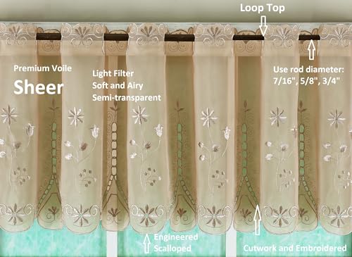 Today's Curtain, Samantha Embroidered Sheer Valance 13", Taupe, 59" W x 13" L - color: Taupe, size: 59"W x 13"L (Pack of 1)