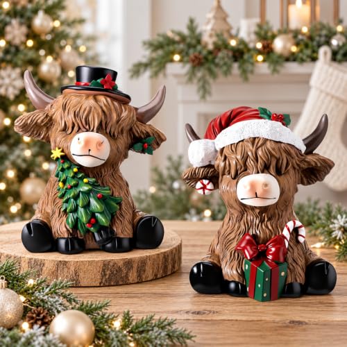 Karenhi 2 Pcs Christmas Highland Cow Figurines Decor for Home Office - style: Christmas