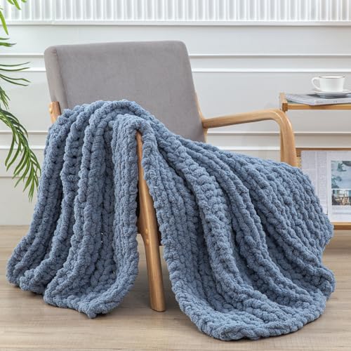 WESHIONGOO Chunky Knit Blanket Throw for Couch Bed 40"×60" Dusty Blue - color: Dusty Blue, size: 40"x60"(Medium Size Throw)