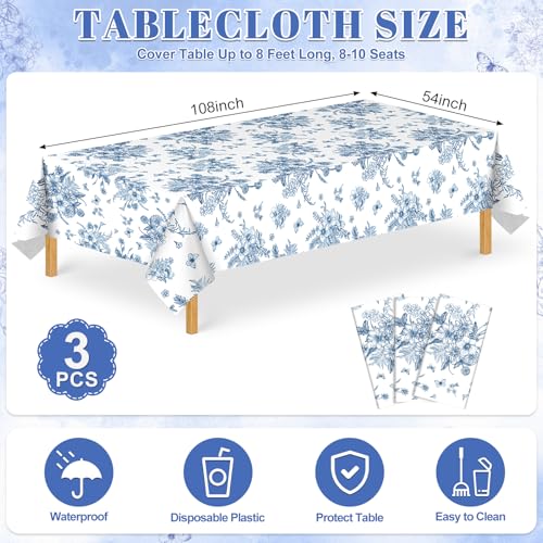 NatNarr 3 Pack Blue Floral Plastic Tablecloths, Tea Party Tablecloth - color: Blue Floral