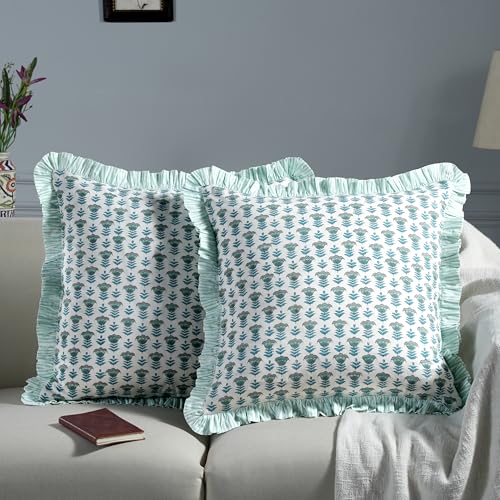 Ridhi Aquamarine Blue Block Print Ruffle Pillow Covers 18x18 Inch Set of 2 - color: Aquamarine Blue, size: 18" x 18" (Pack of 2)