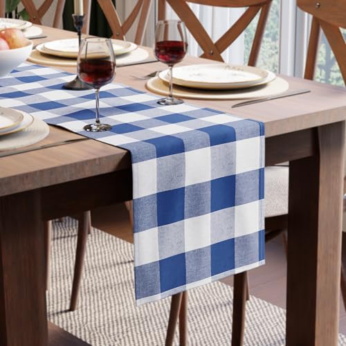 Encasa XO Table Runner, Woven Cotton Dining Linens 13"x72" Blue - color: Buffalo Blue Checks, size: 13x72 in