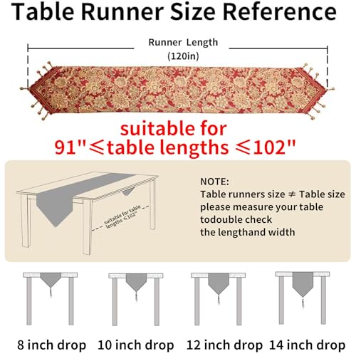 Luxury Vintage Table Runner 120 inches Long Embroidery Jacquard Fabric with Multi-Tassels Table Runners for Dining Room Dresser Wedding Christmas Thanksgiving Party Decorations (Red, 12X120inch) - color: Red, size: 12X120inch