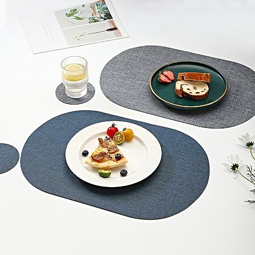 Oval Table Mats Set of 6, Faux Leather Placemats, Heat Resistant & Waterproof(Navy/Grey) - color: Navy/Grey