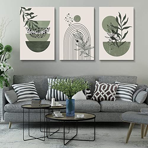 Sage Green Wall Posters & Prints, Green Boho Wall Art Set of 3, Minimalist Framed Wall Art Geometric Line Leaf Sun Moon Beige Green Canvas Artwork Paintings - color: Green Boho Prints, size: 20x30inchx3pcs