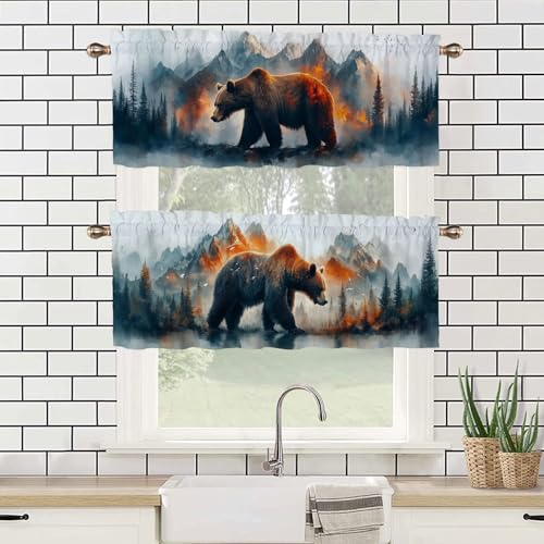 Brown Bear Kitchen Curtains 2 Pack Mountains Trees Oil Painting Kitchen Curtains Room Darkening Curtains Rod Pocket Window Treatment Valances 54x18 inch - color: Brown Bear