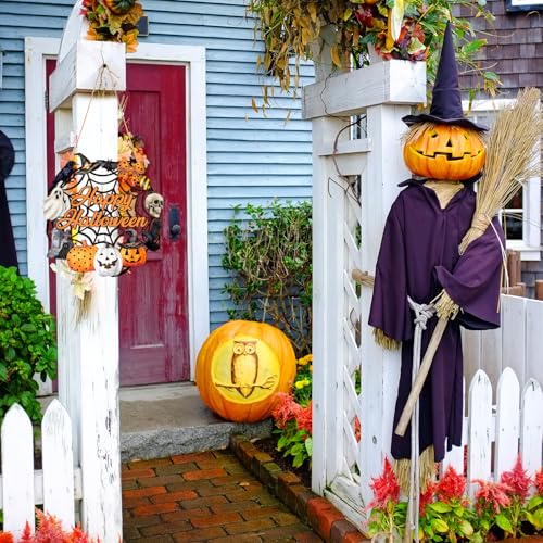 Halloween Decoration Wooden Ghost Door Halloween Wreath for Front Door Sign Wall Signs Decor, Pumpkin Black Cat Wreaths Sign Hanging for Home Wall Decor Outdoor Indoor Farmhouse Party Supply