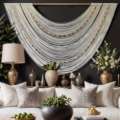 Macrame Wall Hanging Boho Wall Decor Beaded Fiber Art Handmade 57"W*35"L - color: Ivory