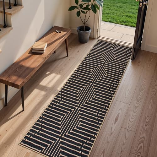 Lahome Maze Lines Washable Kitchen Runner Rug, 2x8 Black Outdoor Runner Rug - color: Black Geometric, size: 2'6" x 8' (Runner)