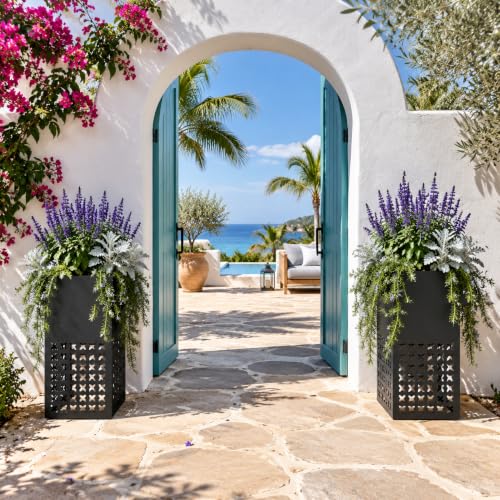 2 Pack Tall Outdoor Planters,14"Lx14'Wx30"H Metal Black Planter for Porch