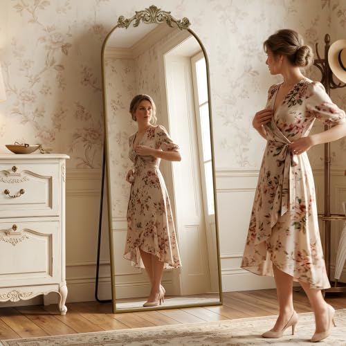 MISSDAY Vintage Baroque Full Length Mirror, 71"X32" Antique Large Arched Full Body Mirror Freestanding with French Carving Top, Full Metal Frame Stand Up Retro Mirrors for Bedroom Living Room, Bronze - color: Bronze, size: 71"L x 32"W