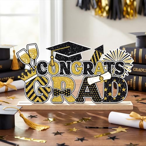 Roowest Metal Congrats Grad Table Sign Decor with Wood Base, Black and Gold - style: Congrats Grad