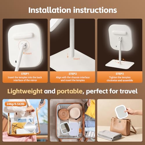 Rechargeable 2400mAh Makeup Mirror,360-degree rotatable Tabletop Vanity Mirrors with Lights,High-Definition led led Vanity Mirrors,Compact Mirror with Light for Women Gifts