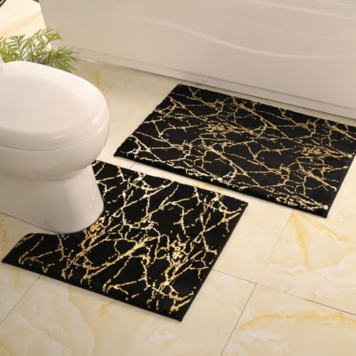 QJHOMO Black and Gold U Shaped Toilet Rug Marble Contour Bath Mat 20x20 in - color: Black and Gold, size: 1'8" x 1'8" (U-Shape)