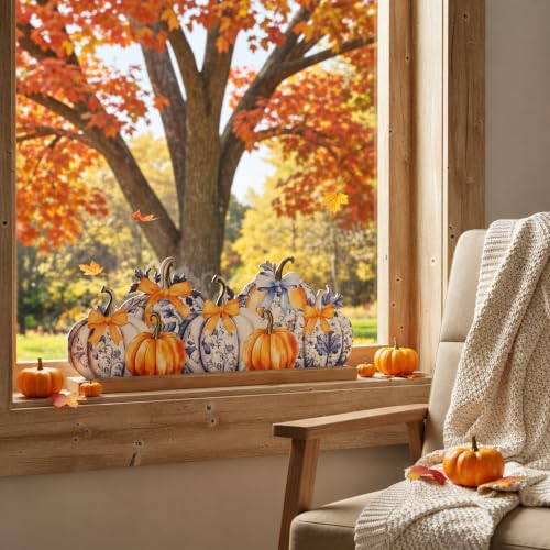MiniInflat Fall Pumpkin Metal Sign, Blue Orange White Fall Decor for Home - style: Chinoiserie Pumpkin
