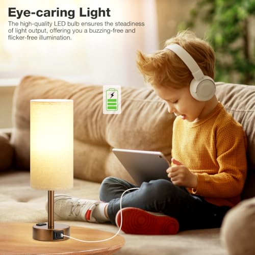 Fenmzee Brown Bedside Lamp for Bedroom, Dimmable Touch, USB A+C, AC Outlet - color: Beige - Brown, size: 14"