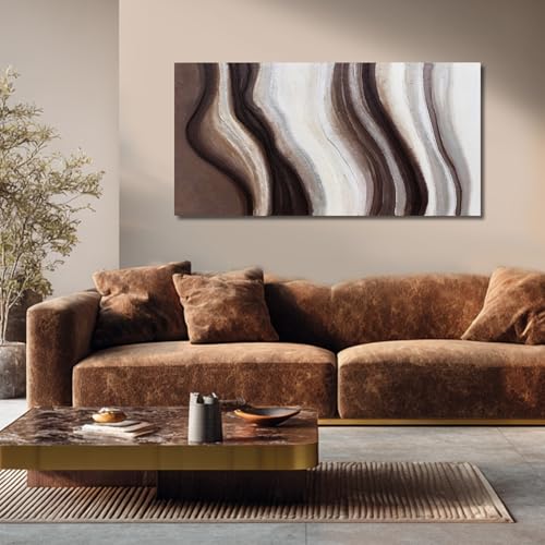 Hue7Art Modern Abstract Flowing Line Canvas Wall Art Living Room 24x48 - color: Brown and Cream, size: 24x48