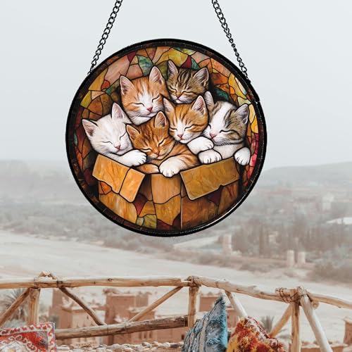 Sleeping Kittens Stained Glass Window Hanging Suncatcher Gifts 15" - color: Brown and White, size: 15x15 IN