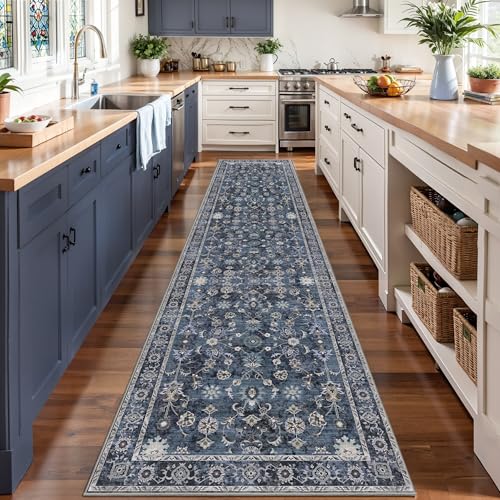 Tangsoo 2x12 Runner Rug for Hallway Non Slip,Washable Blue Long Runner Rugs - color: Distressed Blue Black, size: 2' X 12' (Runner)