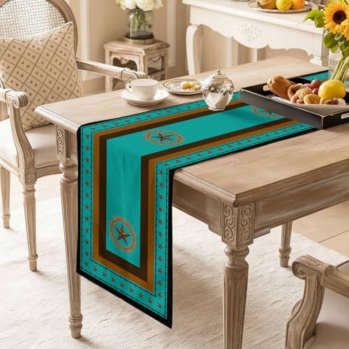 Western Texas Stars Retro Table Runner 36 Inches Long,Rustic Wheat Ears Blue Cotton Linen Table Runners Dresser Scarves,Farmhouse Fabric Tabletop Scarf Furniture Cover for Home Dinner Party 13"x36" - color: Blue Green, size: 13x36 Inches