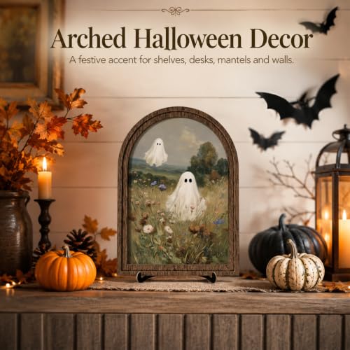 Vintage Meadow Ghosts Arched Wood Frame Decor, Rustic Halloween Wall Art - color: Color 14