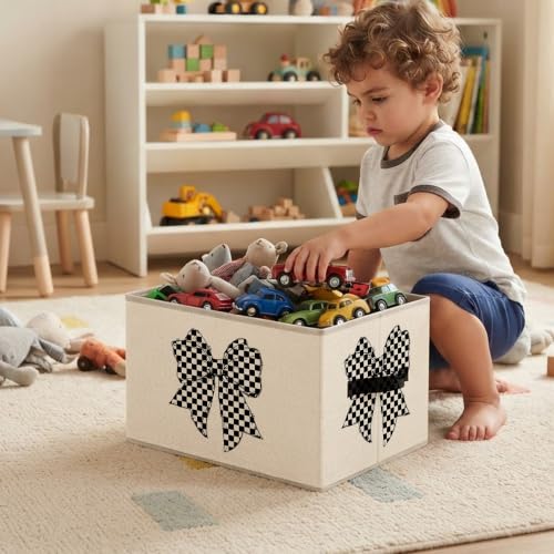 Black and White Checkered Coquette Bow Storage Basket Organizer - color: White Checkered Bow