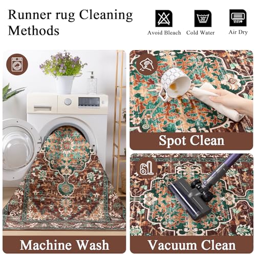 U'Artlines 3' x 12' Boho Hallway Runner Rug, Washable Carpet, Rust&Teal - color: Rust&teal, size: 3' x 12' (Runner)