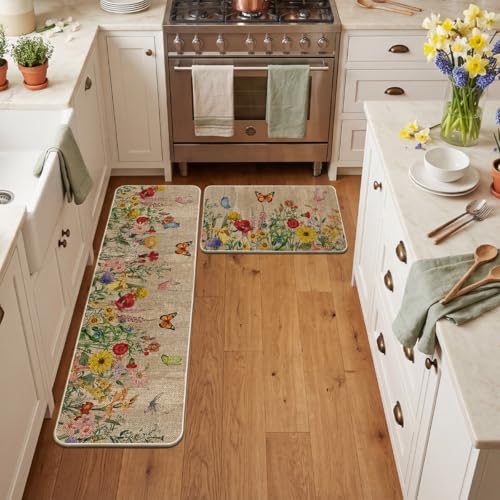 Artoid Mode Wood Flowers Butterfly Spring Kitchen Mats Set of 2, Seasonal Home Decor Leaves Low-Profile Kitchen Rugs for Floor - 17x29 and 17x59 Inch - color: Brown, size: 17" x 29" /17" x 59"