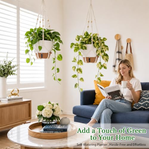 10 Inch Self Watering Hanging Planters for Indoor Outdoor Plants, 2 Pack - color: White, size: 10 Inch