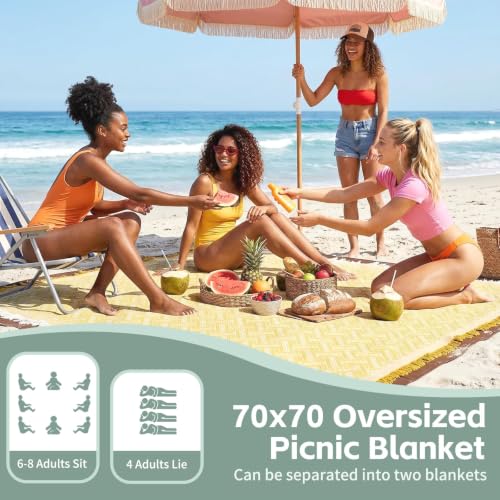 RYCHIC 2 in 1 Extra Large Outdoor Rug Picnic Blanket Camping Mat Lightweight Oversized Giant Turkish Boho Beach Mexican Serape Baja Cobijas Mexicanas para Mesa Park Stadium Outside Grass Hammock - color: Yellow, size: 70''*70''