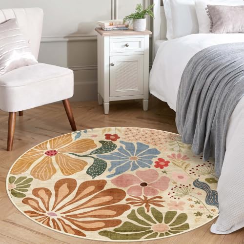 MUJOO Round Rug 4ft Small Circle Area Rug Washable Non Slip Floral Beige - color: Beige, size: 4' (Round)