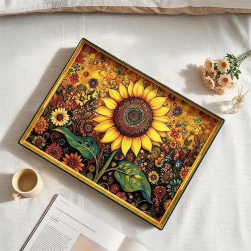 Serving Tray with Handles, 15.7 * 11.8 inches, Plastic Ottoman Tray with Exquisite Paintings, Trays for Coffee Table - color: Golden Sunflower