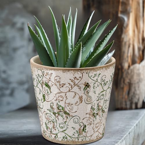 Beeveer Farmhouse Ceramic Planter 5.5 Inch Large Plants Pot Ice Crack Beige Green Floral Vines Plant Pots with Drainage Hole Indoor Plants Kitchen Rustic Antique Decor Gift - color: Beige and Green, size: 5.5 Inch