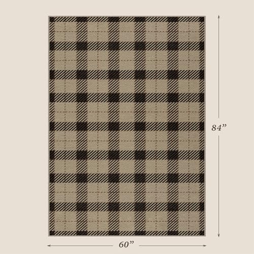 Easy Jute Area Rug 5x7, Black & Tan Plaid Rug, Washable Indoor Outdoor Farmhouse Rug for Living Room, Entryway, Bedroom, Patio & Covered Porch, Low Pile Non Slip - color: Beige Plaid, size: 5' x 7' (Rectangular)