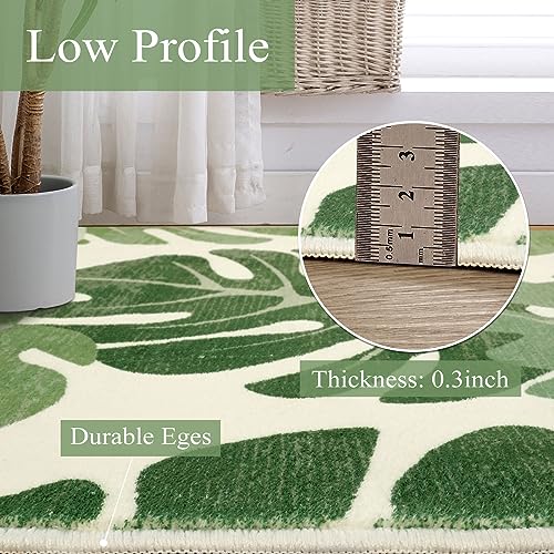 Lukinbox Leaf Indoor Outdoor Area Rugs for Patio, 5x7 Green Washable Living Room Rug Tropical Monstera Plant Non-Slip Bedroom Rugs, Large Accent Area Carpets for Dinning Room Porch - size: 5' x 7'