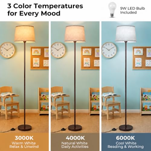 Floor Lamp for Classroom with Linen Shade 61.8" Modern Floor Lamp Foot Pedal Switch Minimalist Design for School Classroom Living Room Bedroom Office Dining Room Kitchen Back to School Decor(Brown) - color: Brown+Beige Shade