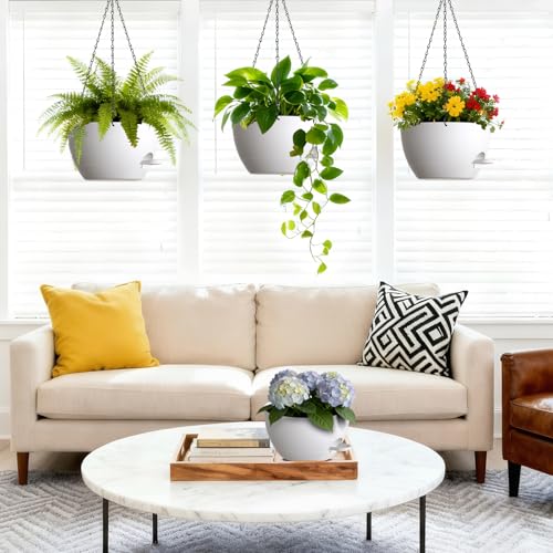 UOUZ Set of 3-10 Inch Self Watering Hanging Planters for Indoor Outdoor,Hanging Plant Pots with Drainage & Removable Tray, Hanging Pots for Pothos Plant, Spider Plants, Ferns, Balcony & Patio, White - color: White, size: 10inch-3pack