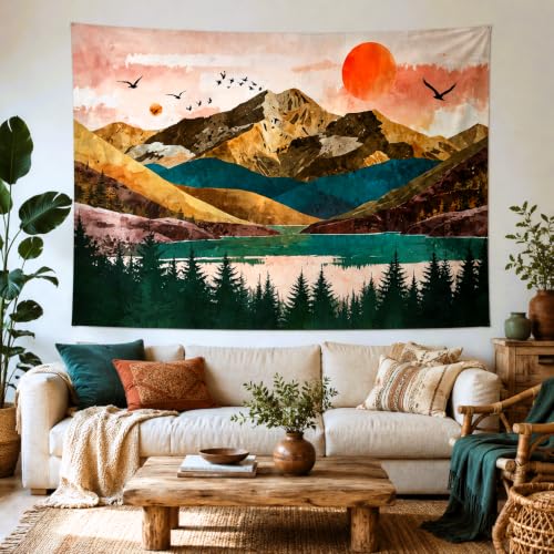 Delur Mountain Tapestry Boho Sunset Nature Forest Tree Tapestry Wall Hanging Sunrise River Lake Landscape Psychedelic Headboard for Bedroom Living Room Home Decor (70.8" x 92.5") - color: Sunset Mountain, size: 70.8"L x 92.5"W