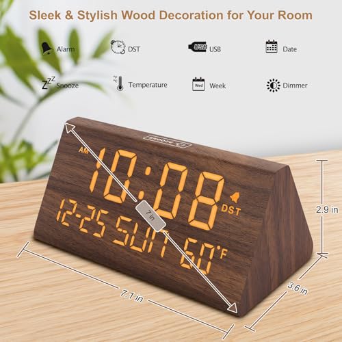 DreamSky Digital Alarm Clock for Bedrooms - Wooden Desk Clock with Date - color: Brown
