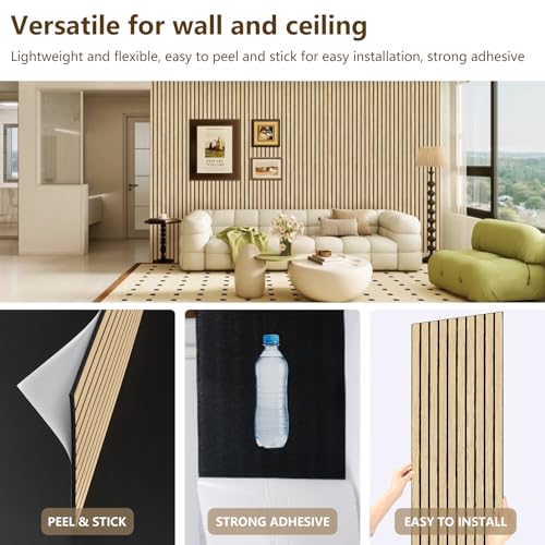 Wood Slat Wall Panel 2 PCS - Extra-Long Wood Wall Panels for Soundproof Home & Office, Easy Peel and Stick Acoustic Panels for Noise Cancelling (Oak 11.8"W x 94.5"L) - color: Oak-2 Packs
