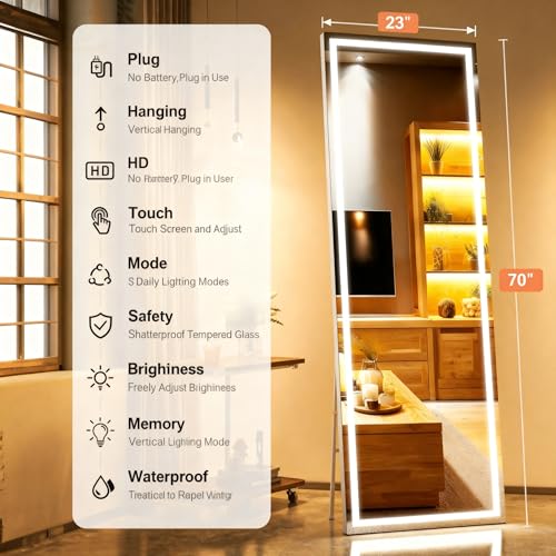 70" x 23" Full Length Mirror with Lights, LED Lighted Floor Standing Body Mirror, Dimmable & 3 Color Lighting for Bedroom, Cloakroom, Dressing Room, Tempered Glass, White Frame - color: White, size: 73"L x 25.4"W