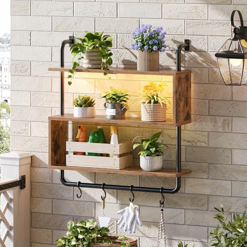 HOOBRO Floating Shelves with LED Lights, 29.5" LED Wall Mounted Shelf - color: Rustic Brown + Black