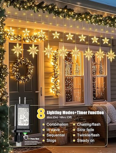 126 LED Star Icicle Lights,7.8ft Window Curtain Lights Plug in - color: Warm White