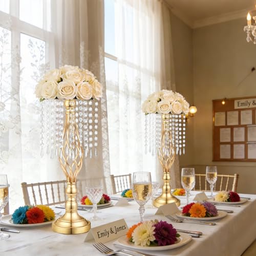 Gold Crystal Tall Vase Centerpiece Stand, Elegant Gold Flower Holder for Wedding Table Centerpieces, Perfect Wedding Reception Table Decor, Bases para Centros de Mesa, Centros de Mesa(12Pack) - size: 12Pack