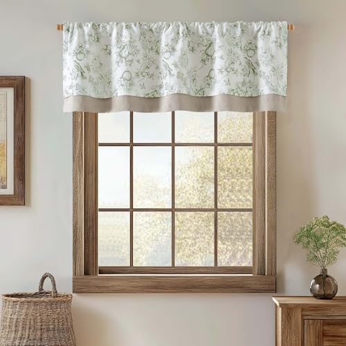 Vangao Linen Valance Curtain Double Layer Farmhouse Floral Small Window Curtain Light Filtering Valance for Kitchen Rustic Drape for Living Room Bedroom 16 Inch Rod Pocket 1 Panel Green on Beige - color: Double Layer | Eden Green, size: 50"W x 16"L (Pack