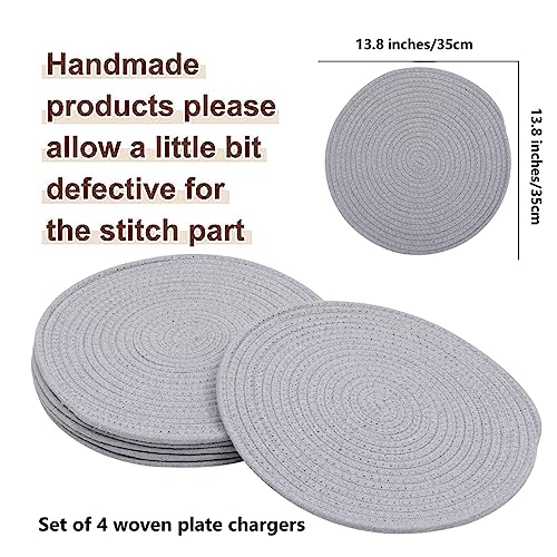 4 Pack Woven Placemats, 13.8 inches Round Plate Chargers Grey Thick Placemat Set Cotton Rope Braided Tablemats Rattan Mats Rustic Weave Placemats for Table Decoration - color: Gray, size: Round Set of 4