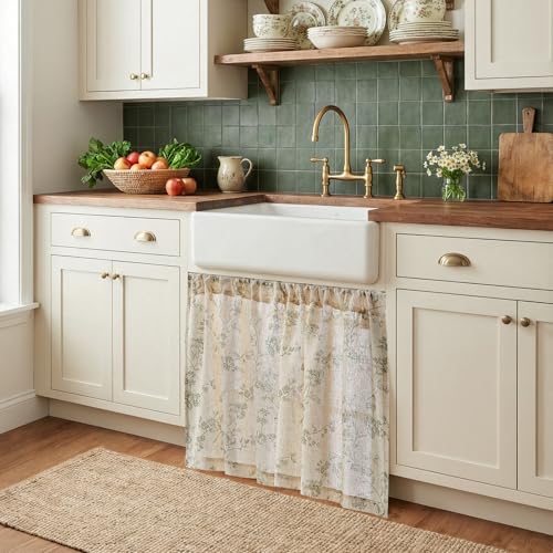 jinchan Floral Linen Kitchen Tier Curtains, 24 Inch, 2 Panels, Green - color: Alisa Green, size: 26"W x 24"L (Pack of 2)