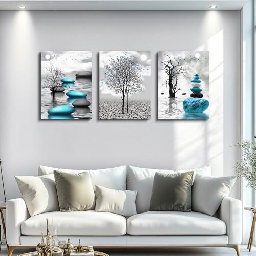 DZRWUBHS Abstract Wall Art for Living Room,3 Piece Modern Canvas Artworks Stones in The Water Zen Wall Decor Minimalist Meditation Picture Painting Prints for Bedroom Bathroom Hallway Home Office - color: Blue Stone Pictures, size: 12x16inches*3pcs